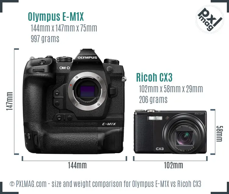 Olympus E-M1X vs Ricoh CX3 size comparison Olympus E-M1X vs Ricoh CX3 size comparison