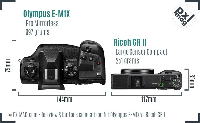Olympus E-M1X vs Ricoh GR II top view buttons comparison