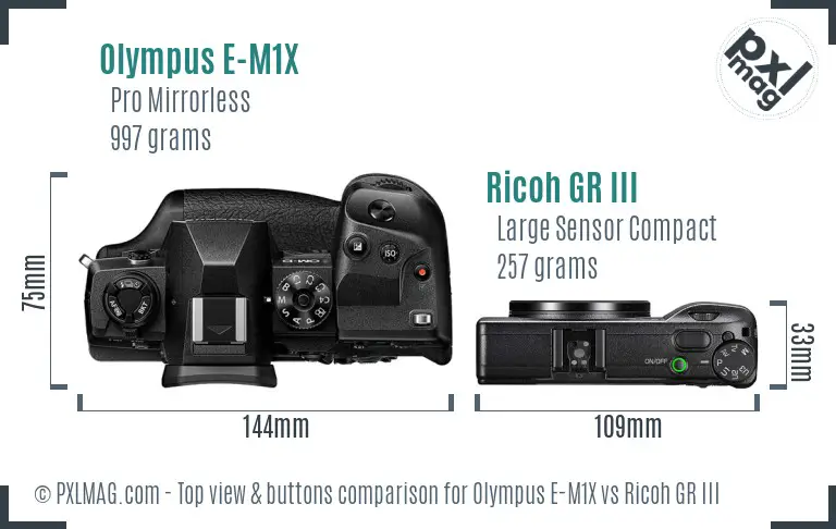 Olympus E-M1X vs Ricoh GR III top view buttons comparison