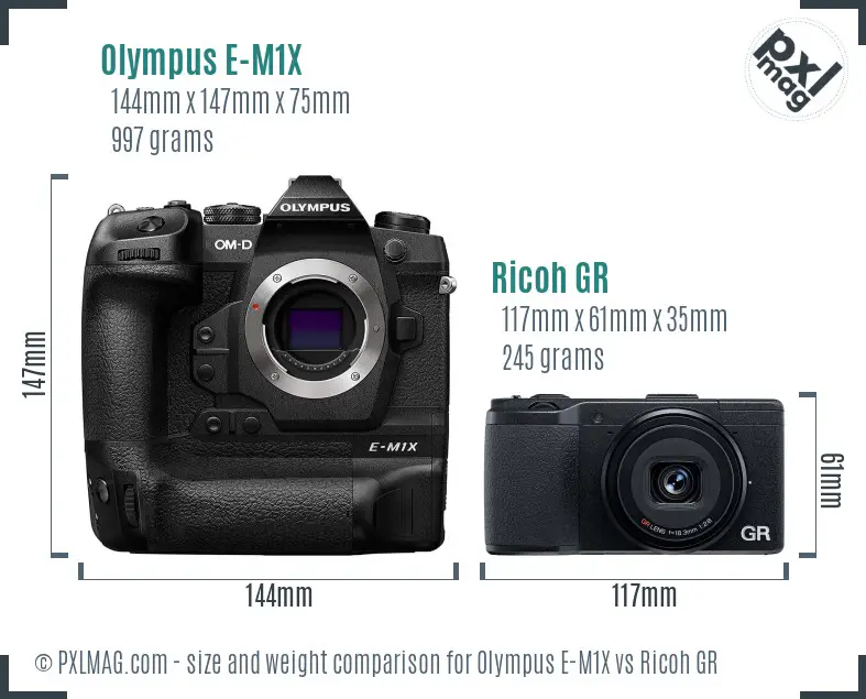 Olympus E-M1X vs Ricoh GR size comparison