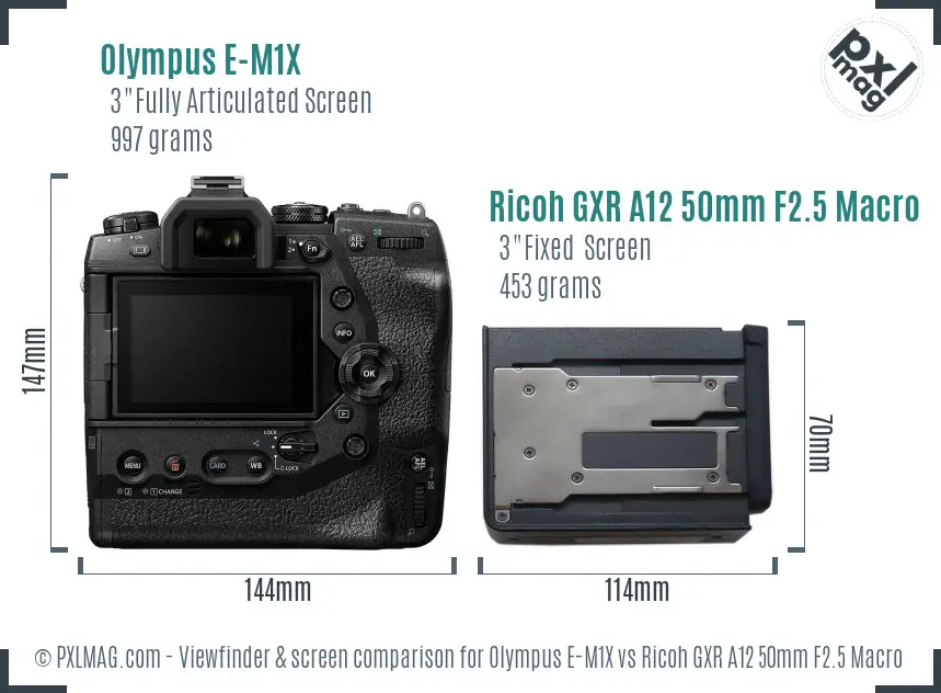 Olympus E-M1X vs Ricoh GXR A12 50mm F2.5 Macro Screen and Viewfinder comparison