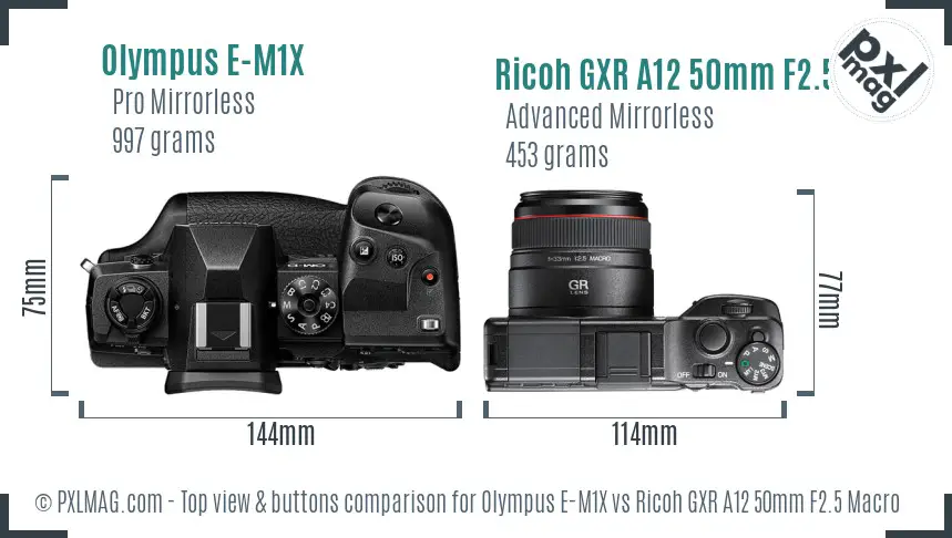 Olympus E-M1X vs Ricoh GXR A12 50mm F2.5 Macro top view buttons comparison