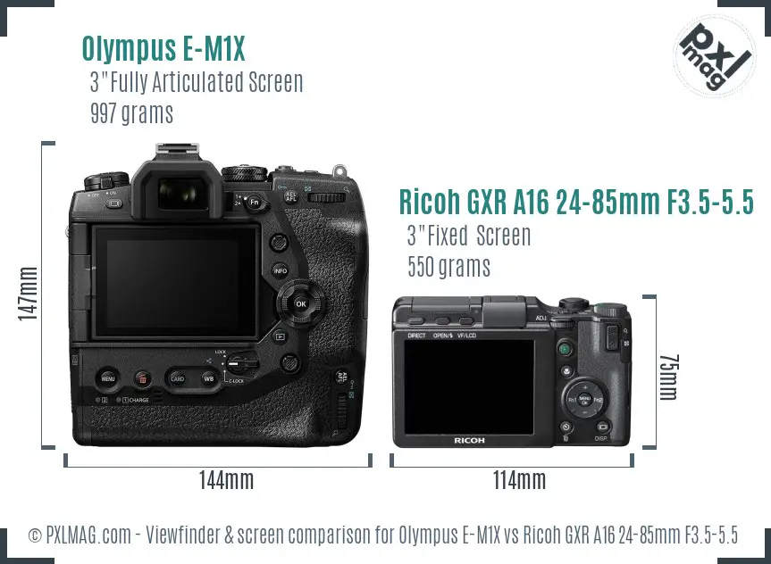 Olympus E-M1X vs Ricoh GXR A16 24-85mm F3.5-5.5 Screen and Viewfinder comparison
