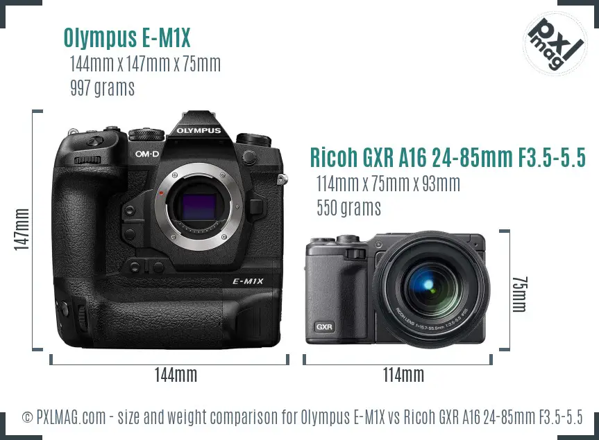 Olympus E-M1X vs Ricoh GXR A16 24-85mm F3.5-5.5 size comparison