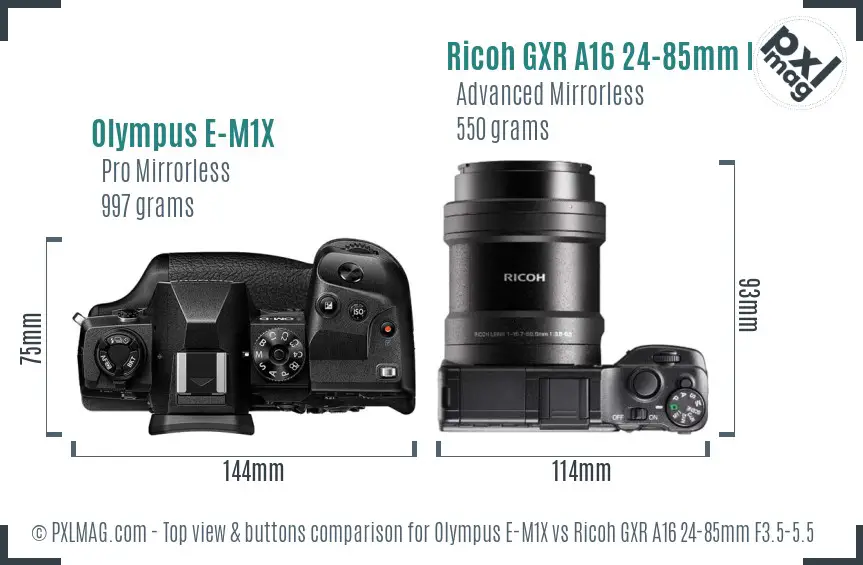 Olympus E-M1X vs Ricoh GXR A16 24-85mm F3.5-5.5 top view buttons comparison