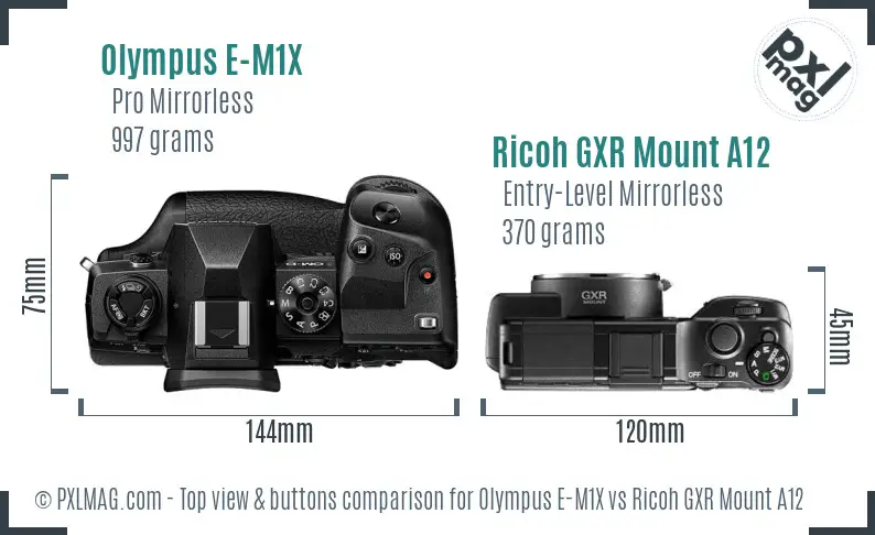 Olympus E-M1X vs Ricoh GXR Mount A12 top view buttons comparison