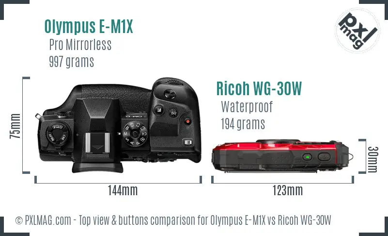 Olympus E-M1X vs Ricoh WG-30W top view buttons comparison Olympus E-M1X vs Ricoh WG-30W top view buttons comparison
