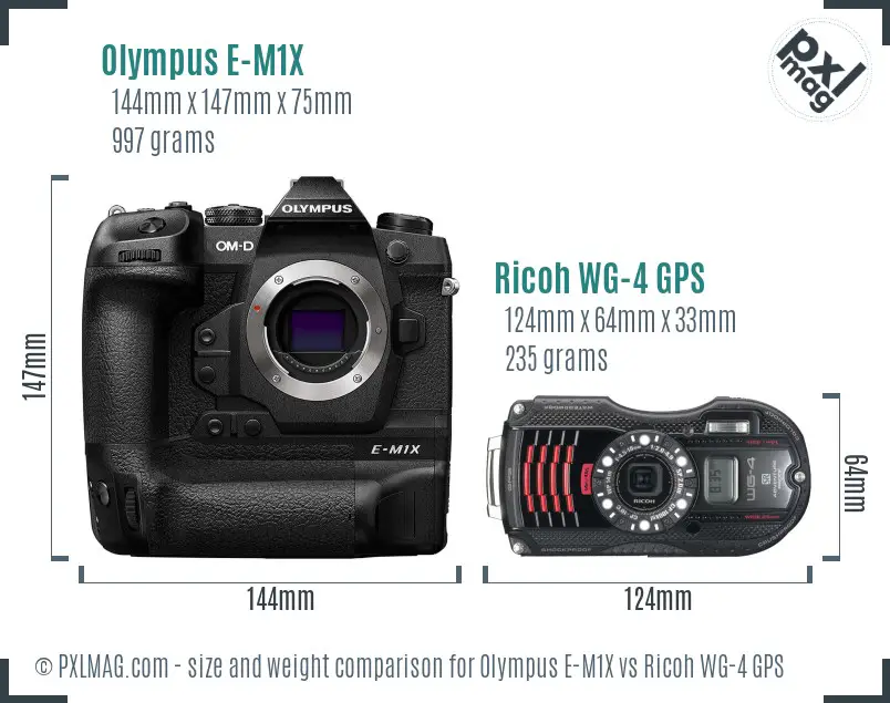 Olympus E-M1X vs Ricoh WG-4 GPS size comparison