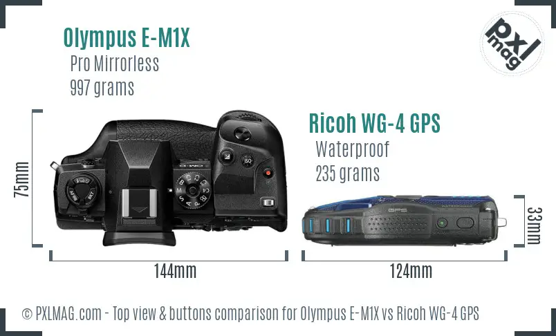 Olympus E-M1X vs Ricoh WG-4 GPS top view buttons comparison