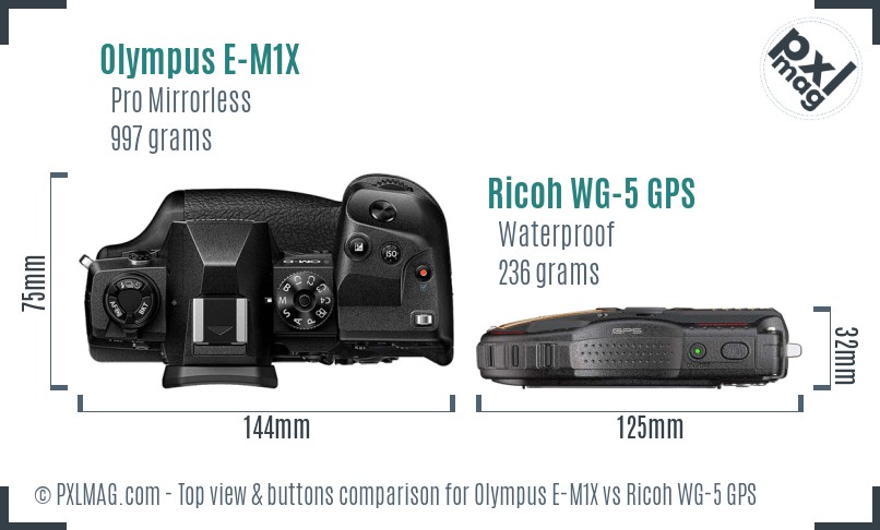 Olympus E-M1X vs Ricoh WG-5 GPS top view buttons comparison