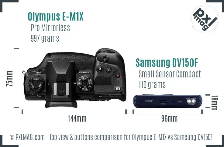 Olympus E-M1X vs Samsung DV150F top view buttons comparison