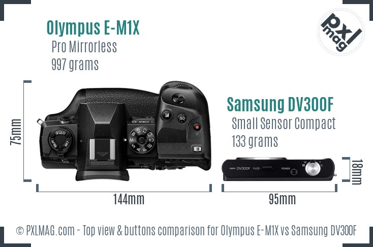 Olympus E-M1X vs Samsung DV300F top view buttons comparison