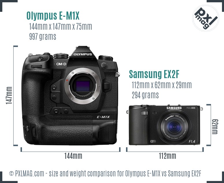 Olympus E-M1X vs Samsung EX2F size comparison