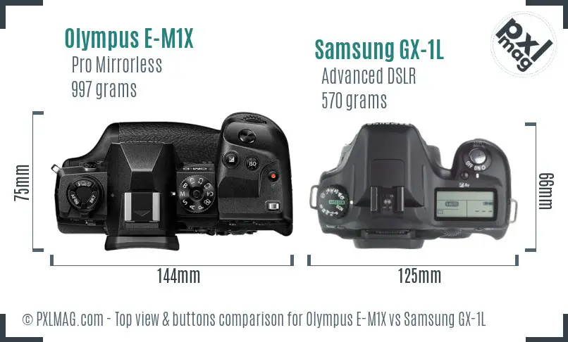 Olympus E-M1X vs Samsung GX-1L top view buttons comparison