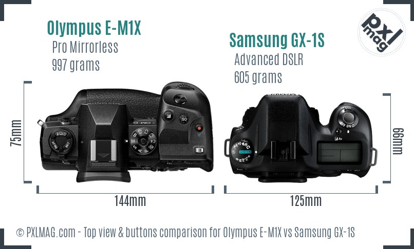 Olympus E-M1X vs Samsung GX-1S top view buttons comparison