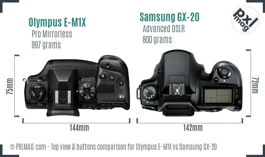 Olympus E-M1X vs Samsung GX-20 top view buttons comparison
