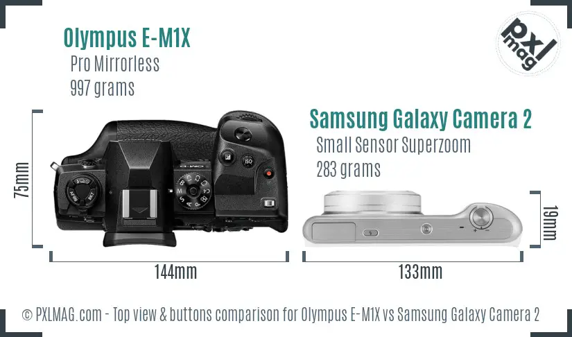 Olympus E-M1X vs Samsung Galaxy Camera 2 top view buttons comparison