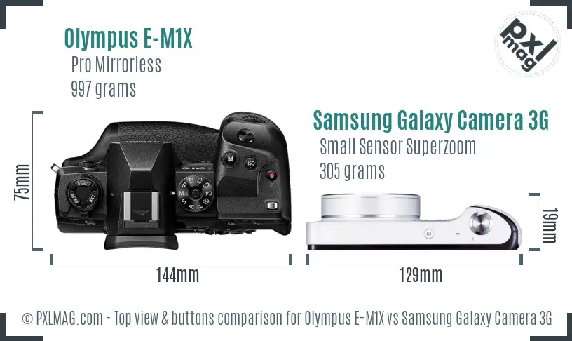 Olympus E-M1X vs Samsung Galaxy Camera 3G top view buttons comparison