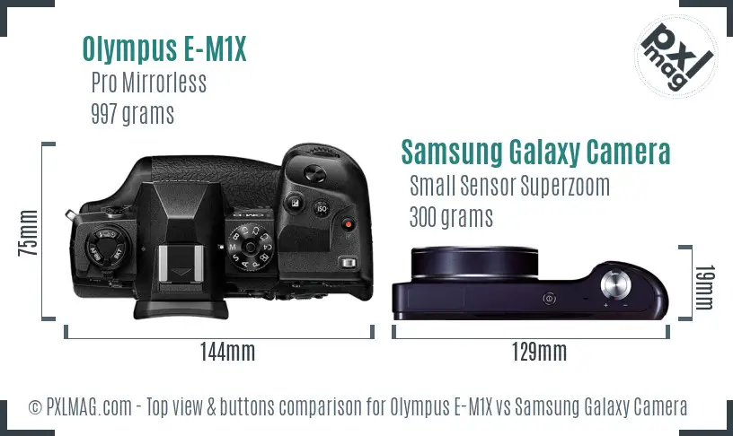 Olympus E-M1X vs Samsung Galaxy Camera top view buttons comparison