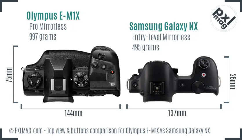 Olympus E-M1X vs Samsung Galaxy NX top view buttons comparison