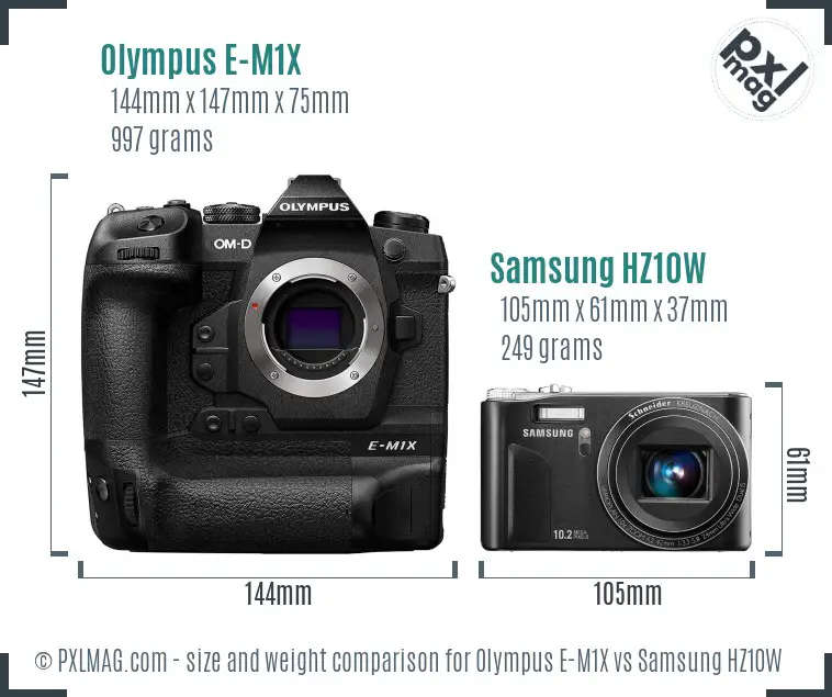 Olympus E-M1X vs Samsung HZ10W size comparison