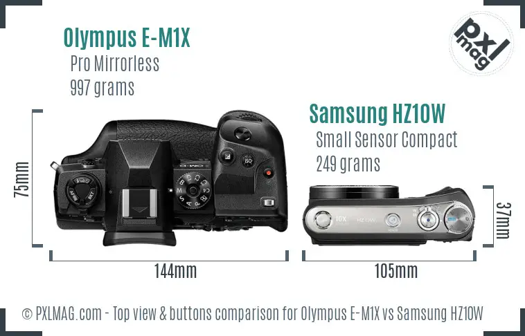 Olympus E-M1X vs Samsung HZ10W top view buttons comparison