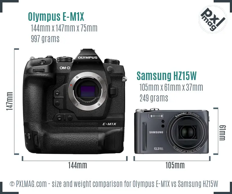 Olympus E-M1X vs Samsung HZ15W size comparison