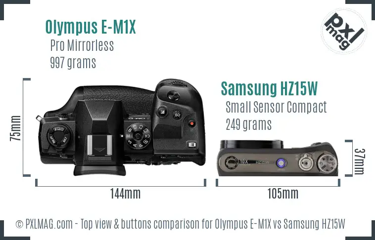 Olympus E-M1X vs Samsung HZ15W top view buttons comparison