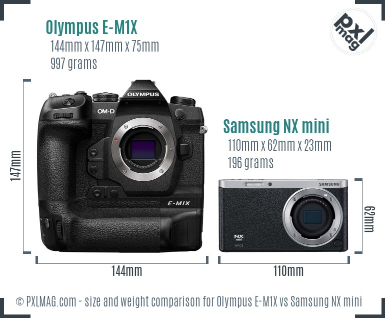 Olympus E-M1X vs Samsung NX mini size comparison