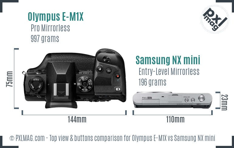 Olympus E-M1X vs Samsung NX mini top view buttons comparison