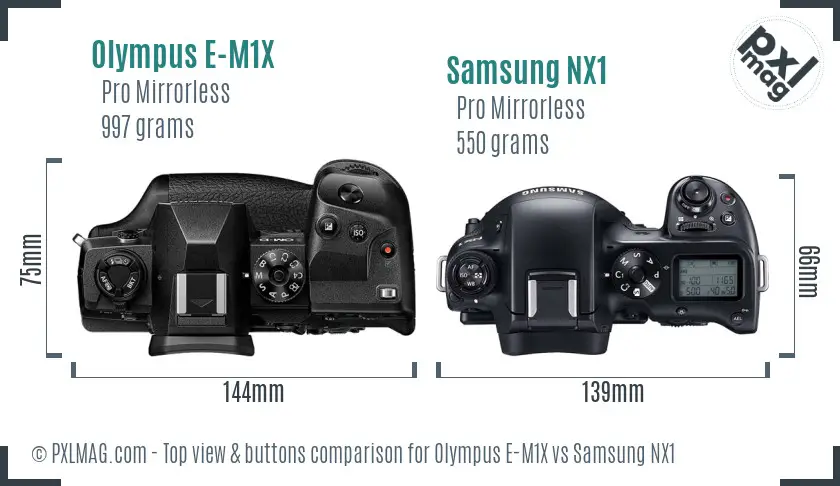 Olympus E-M1X vs Samsung NX1 top view buttons comparison
