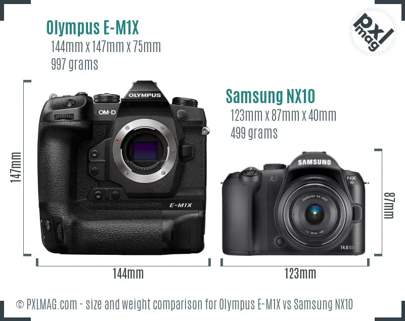 Olympus E-M1X vs Samsung NX10 size comparison