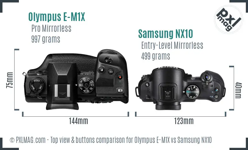 Olympus E-M1X vs Samsung NX10 top view buttons comparison