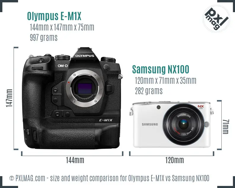 Olympus E-M1X vs Samsung NX100 size comparison