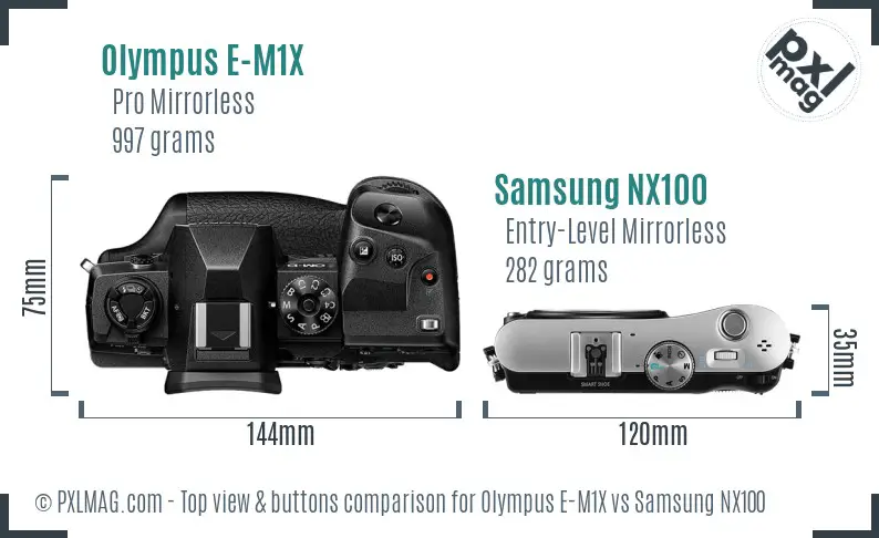 Olympus E-M1X vs Samsung NX100 top view buttons comparison