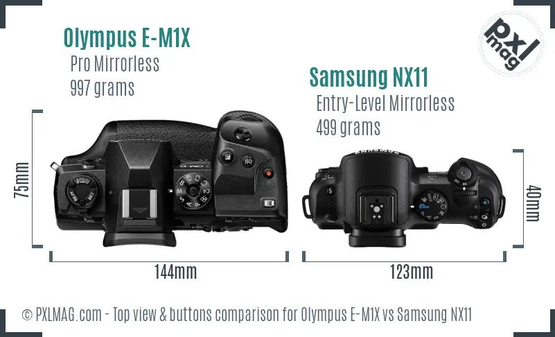 Olympus E-M1X vs Samsung NX11 top view buttons comparison