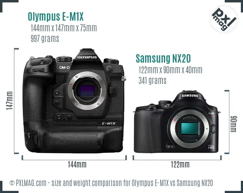 Olympus E-M1X vs Samsung NX20 size comparison