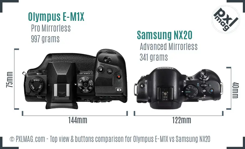 Olympus E-M1X vs Samsung NX20 top view buttons comparison