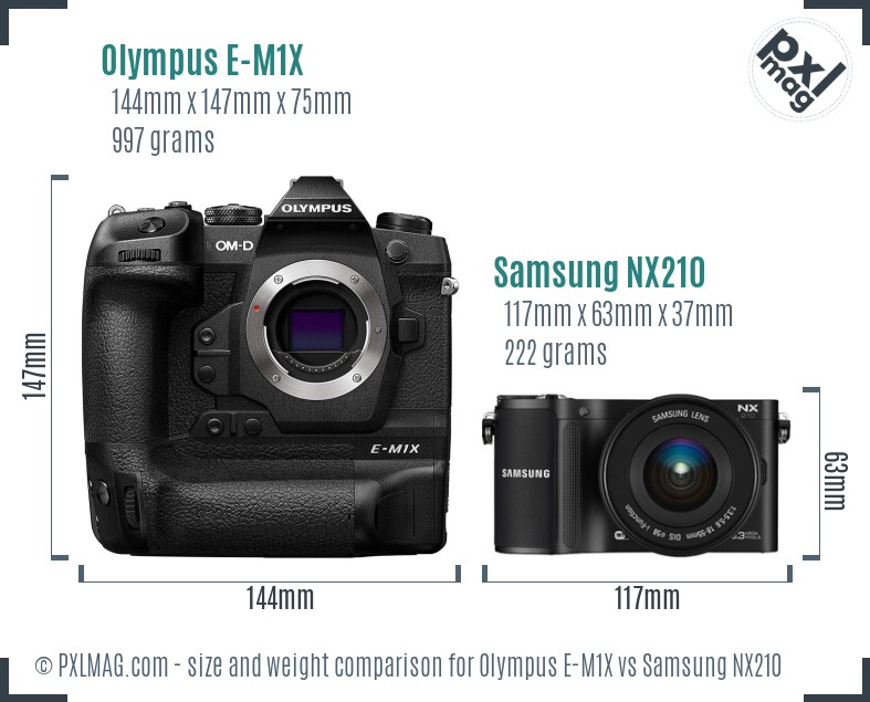 Olympus E-M1X vs Samsung NX210 size comparison