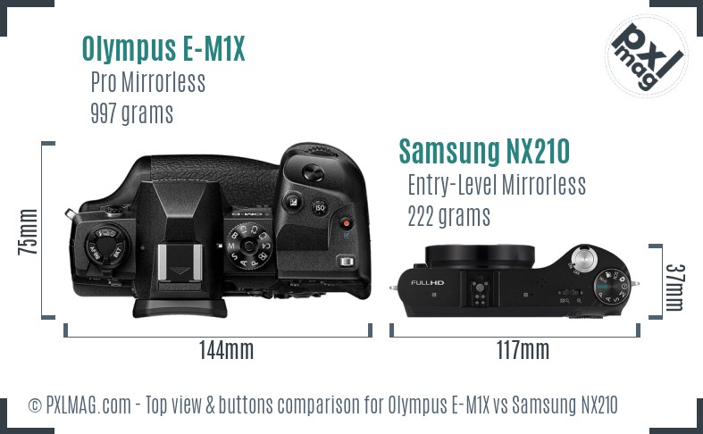 Olympus E-M1X vs Samsung NX210 top view buttons comparison