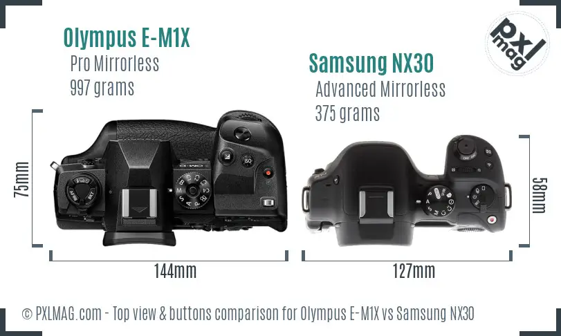 Olympus E-M1X vs Samsung NX30 top view buttons comparison