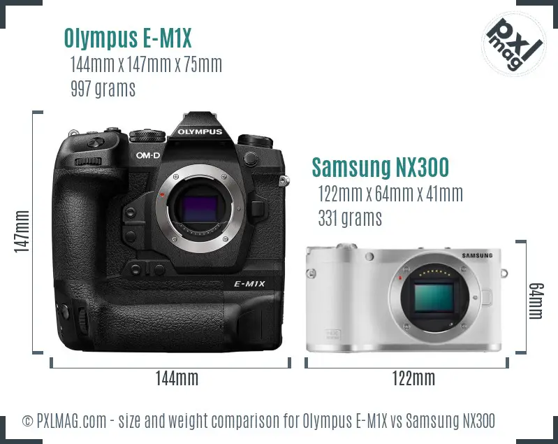 Olympus E-M1X vs Samsung NX300 size comparison