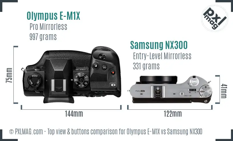 Olympus E-M1X vs Samsung NX300 top view buttons comparison