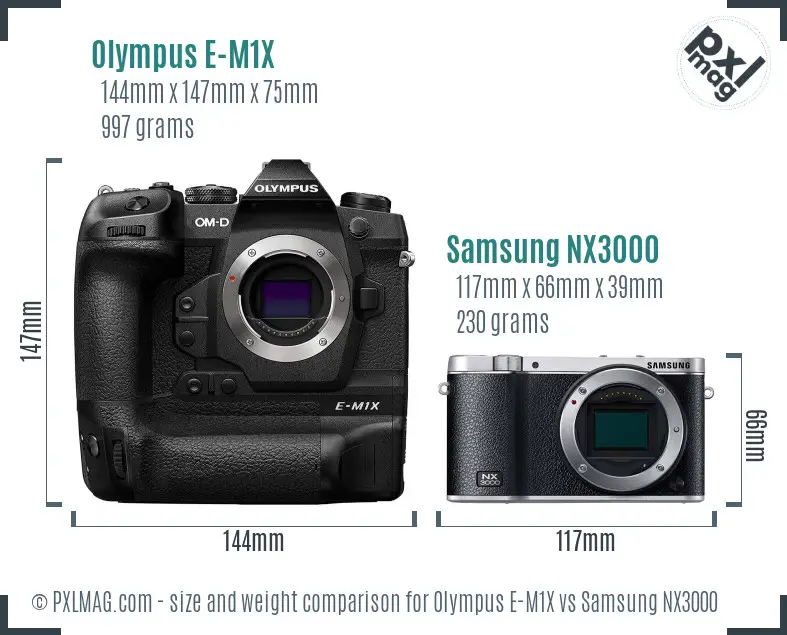 Olympus E-M1X vs Samsung NX3000 size comparison