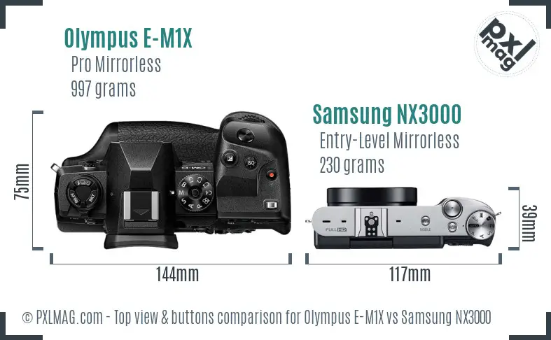 Olympus E-M1X vs Samsung NX3000 top view buttons comparison