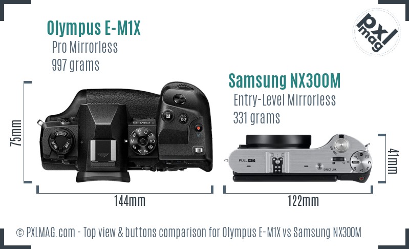Olympus E-M1X vs Samsung NX300M top view buttons comparison