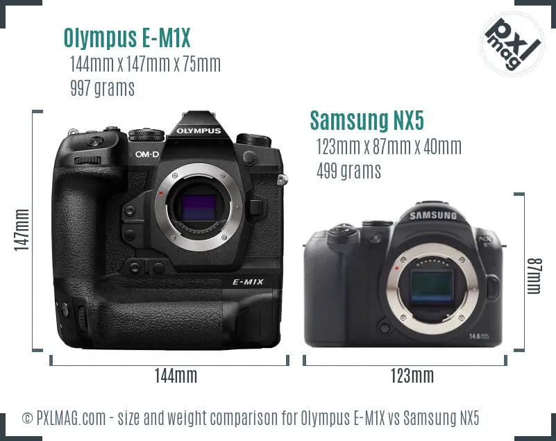 Olympus E-M1X vs Samsung NX5 size comparison