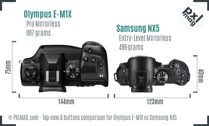 Olympus E-M1X vs Samsung NX5 top view buttons comparison
