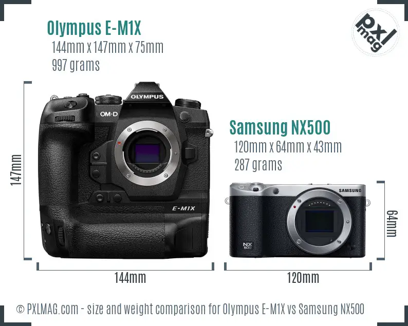 Olympus E-M1X vs Samsung NX500 size comparison