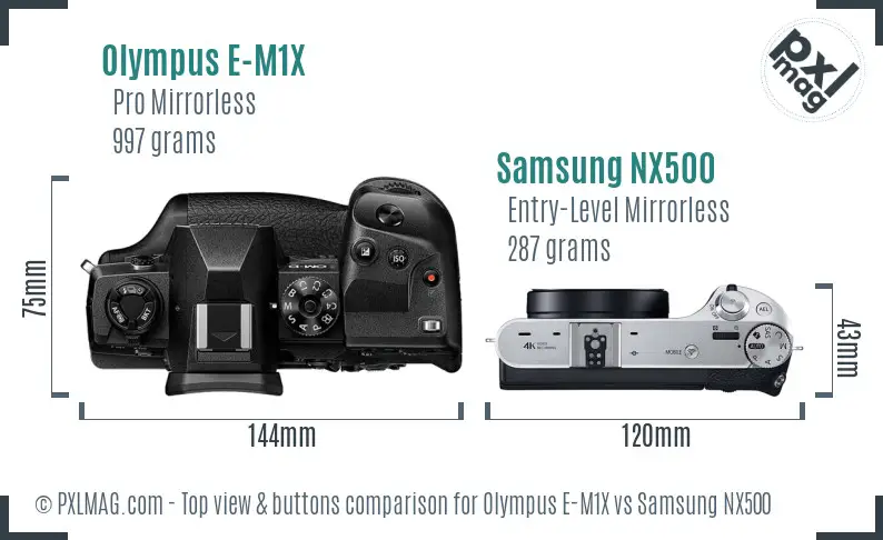 Olympus E-M1X vs Samsung NX500 top view buttons comparison